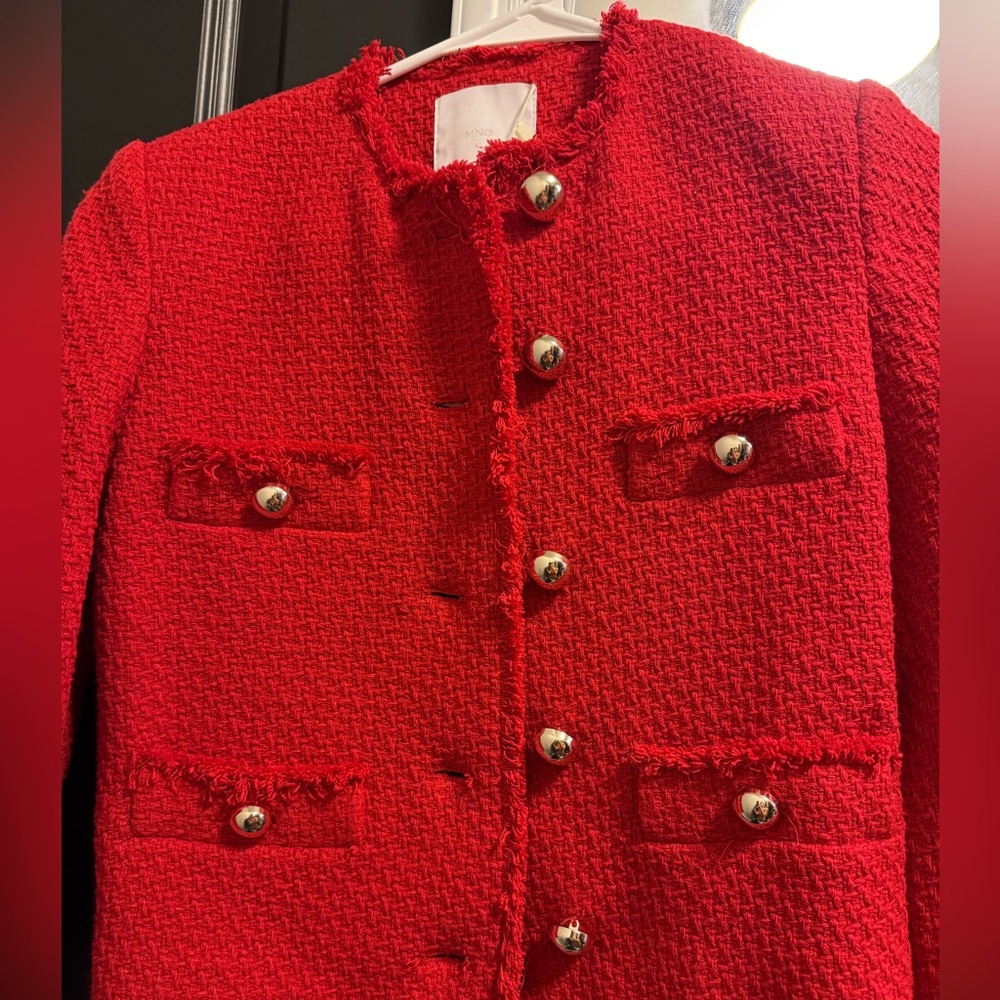 Mango Red Tweed Jacket with Metal buttons and flaps size XXS New with tags - Picture 4 of 6